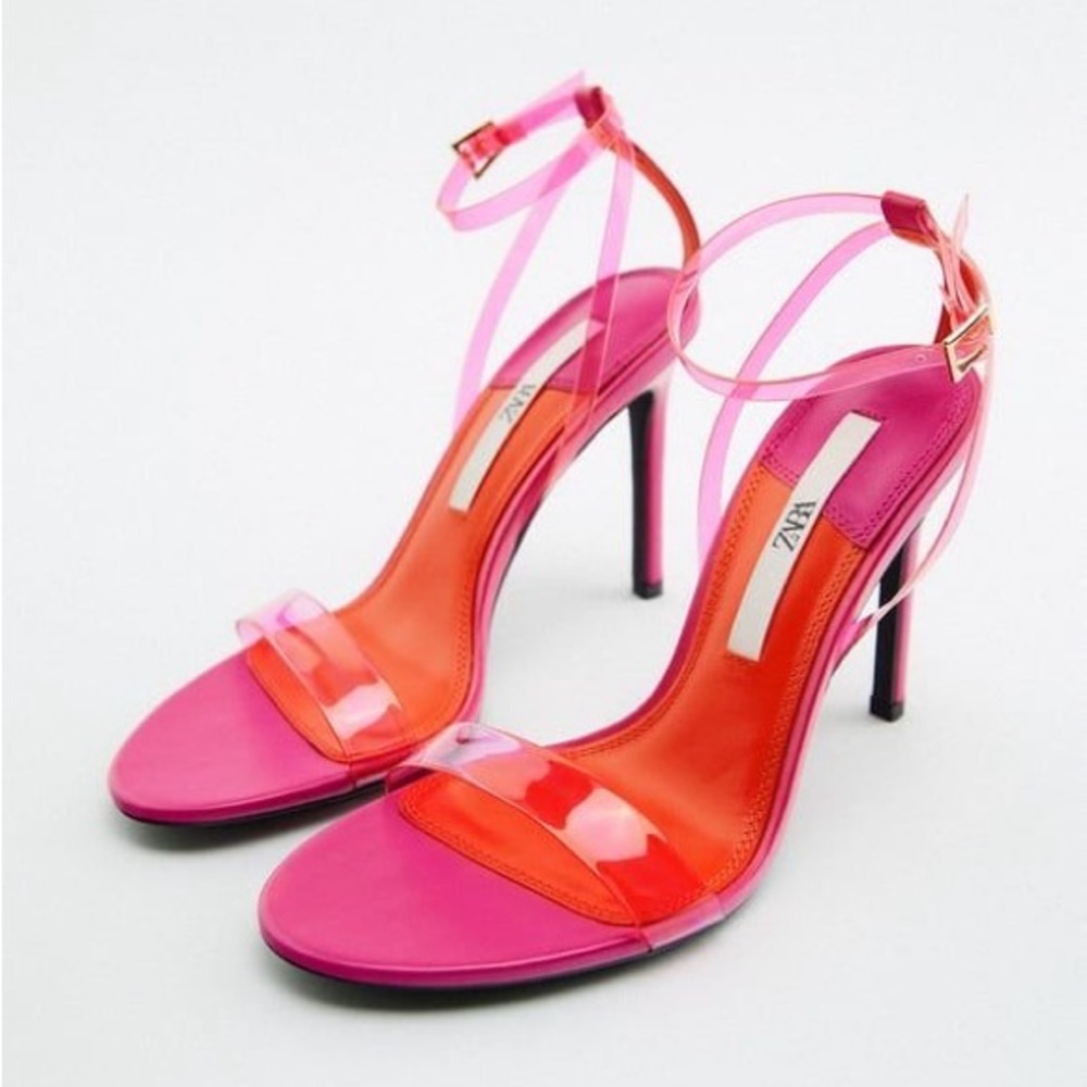 PINK ZARA HIGH HEELED VINYL SANDALS